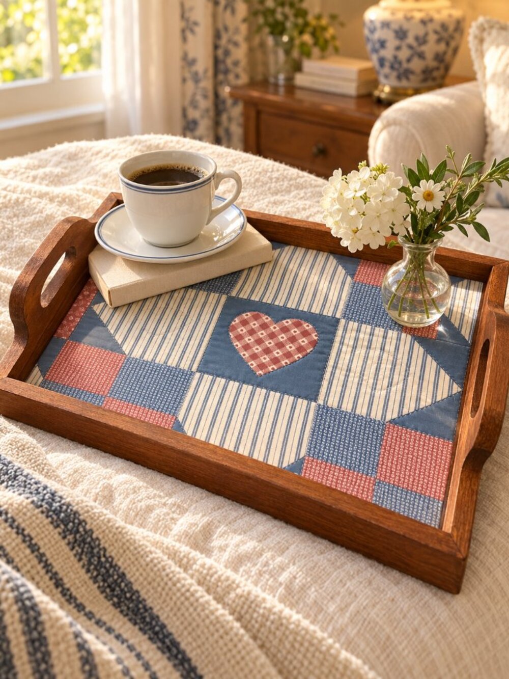 Vintage Quilted Heart Wood Trays Set of 2 Blue Red White Patchwork